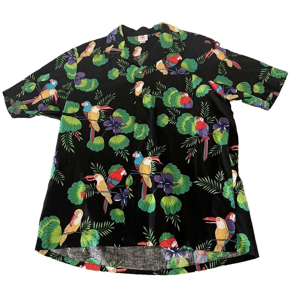 Scorpio Hawaiian Tropical  Floral & Bird Parrot Print Shirt Sz L Vintage Made US